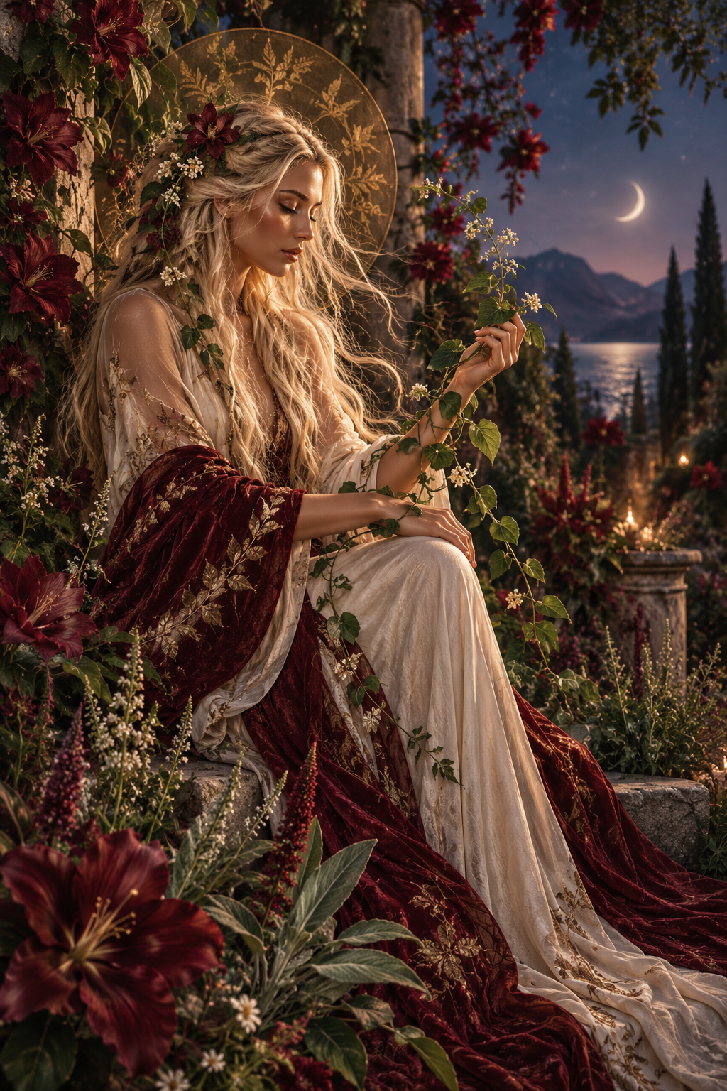 A blonde Medicine Woman contemplating a living vine in a mystical garden